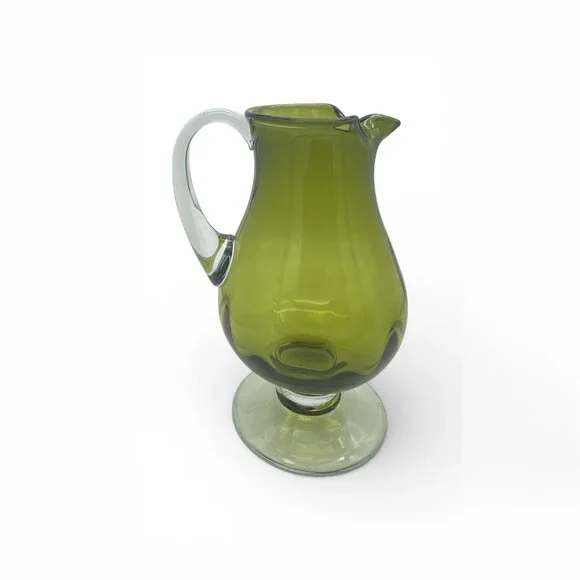 Vintage Avocado Green Art Glass Pitcher Pedestal Base Applied Handle MCM - Picture 2 of 11